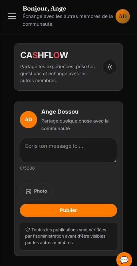 Capture d'écran réelle de l'interface de publication de la communauté CASHFLOW.