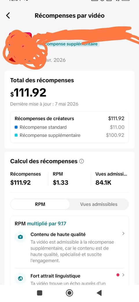 Capture des récompenses TikTok Studio d'un créateur CASHFLOW : 111,92 $ générés sur une vidéo.