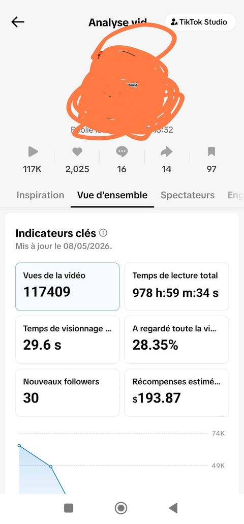 Capture des statistiques TikTok Studio d'une vidéo publiée par un membre CASHFLOW : 117 000 vues.