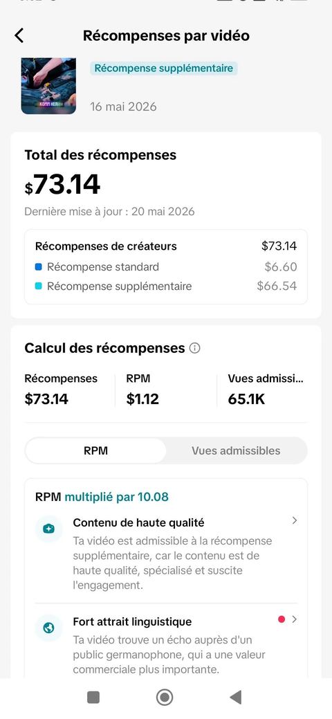 Capture des récompenses TikTok Studio d'un créateur CASHFLOW : 73,14 $ générés sur une vidéo.