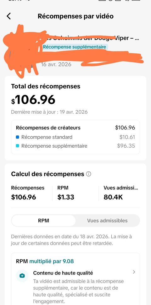 Capture des récompenses TikTok Studio d'un créateur CASHFLOW : 106,96 $ générés sur une vidéo.