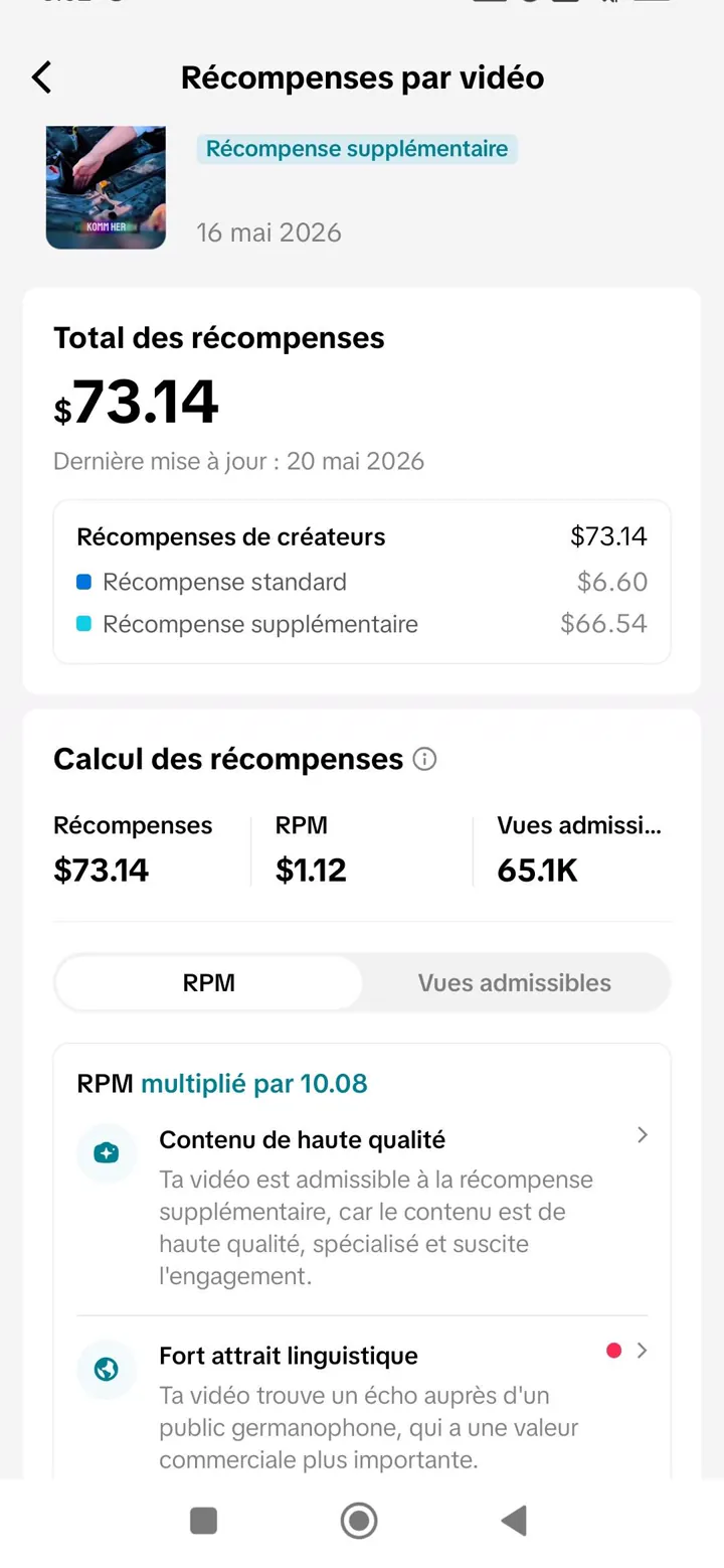 Capture des récompenses TikTok Studio d'un créateur CASHFLOW : 73,14 $ générés sur une vidéo.