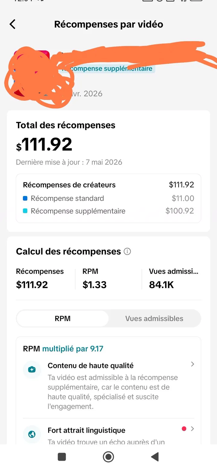Capture des récompenses TikTok Studio d'un créateur CASHFLOW : 111,92 $ générés sur une vidéo.