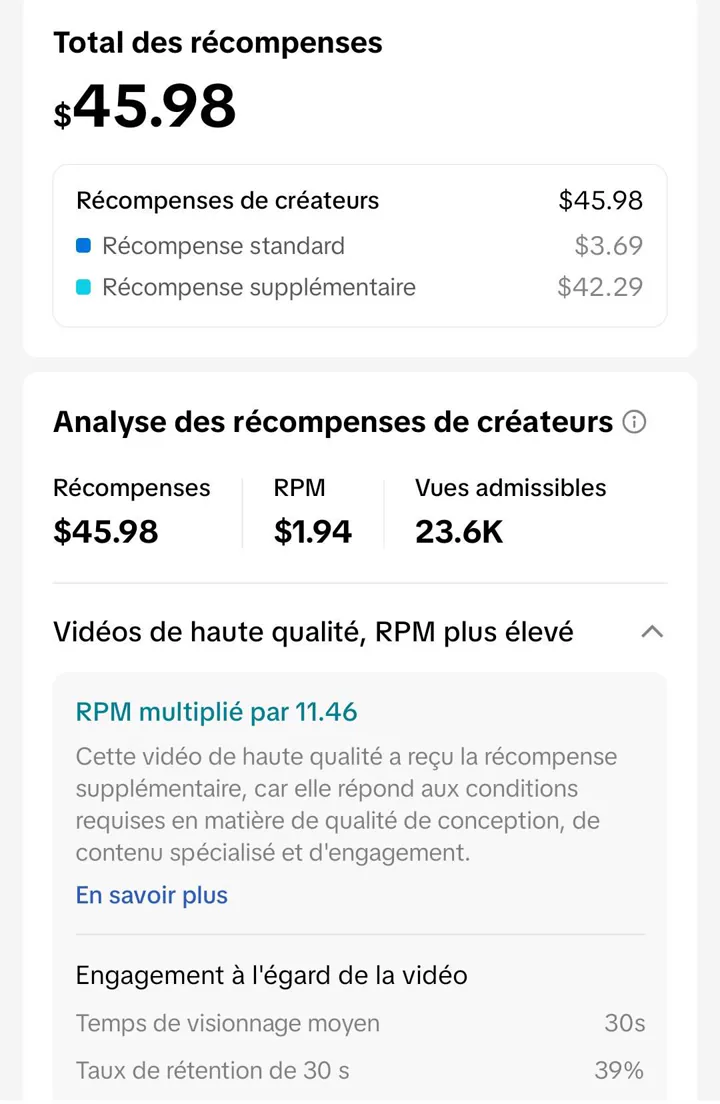 Capture des récompenses TikTok Studio d'un créateur CASHFLOW : 45,98 $ générés sur une vidéo.