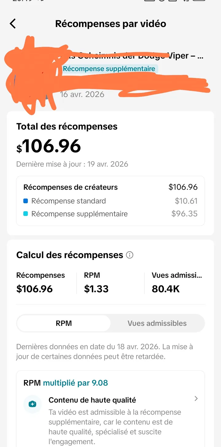 Capture des récompenses TikTok Studio d'un créateur CASHFLOW : 106,96 $ générés sur une vidéo.